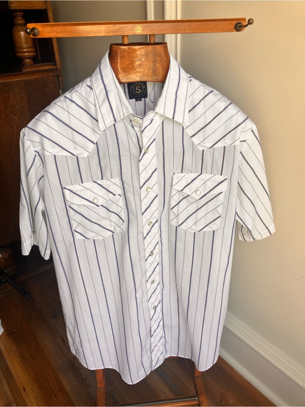 Vintage Running S Western Pearl Snap Shirt 16½ White Blue Gold Stripe Short Sl